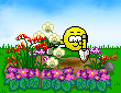 Смайлик сажает цветы на клумбу