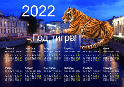 Календарь на 2022 год - год тигра. Тигр на фоне города