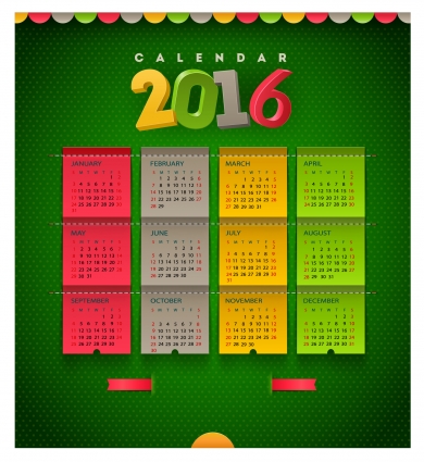 Календарь 2016 с преобладанием зеленого цвета