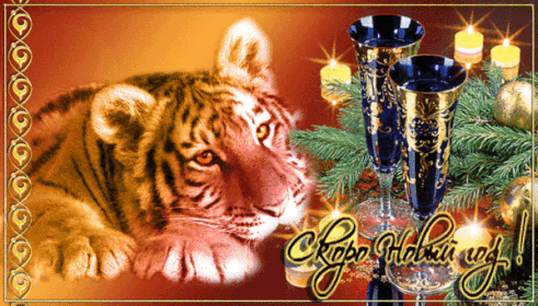 С Новым годом! Тигр, свечи, фужеры!